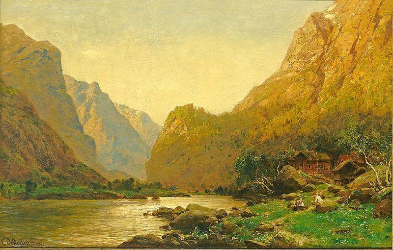 Carl Oesterley jr. Romantische Flusslandschaft mit Personenstaffage an einem prachtvollen Sommertag, Carl jun. Oesterley